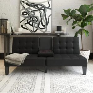 Adel Convertible Futon Faux Leather Sofa Bed In Black