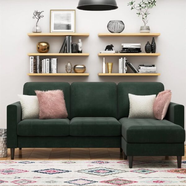 Sarnia Velvet Reversible Corner Sofa With Black Legs In Green