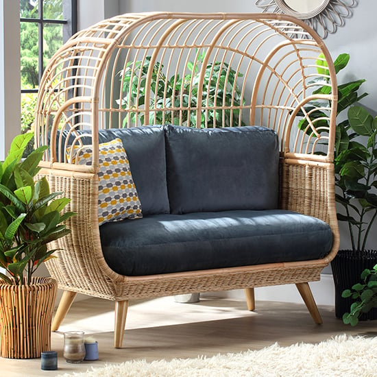 Cainta Rattan 2 Seater Sofa With Blue Seat Cushion