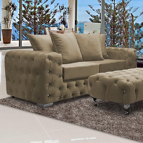 Worley Malta Plush Velour Fabirc 3 Seater Sofa In Parchment