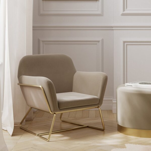 Charles Velvet Armchair With Gold Frame In Beige