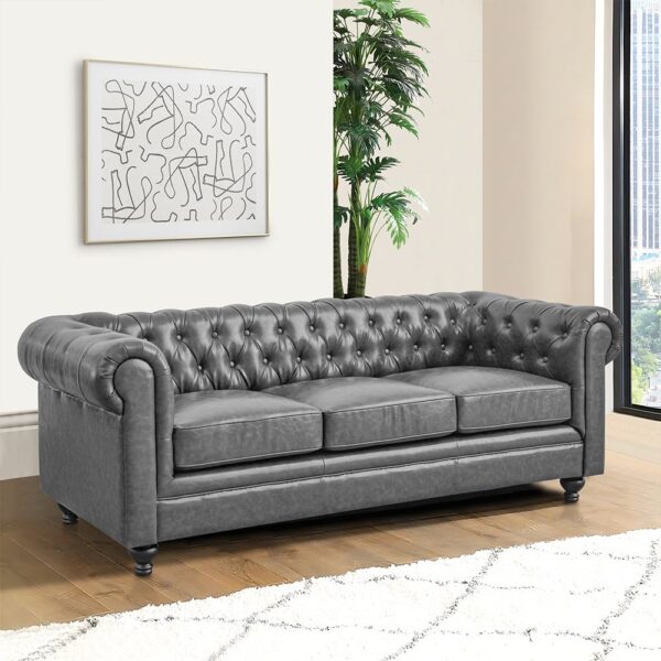 Hertford Chesterfield Faux Leather 3 Seater Sofa In Vintage Grey