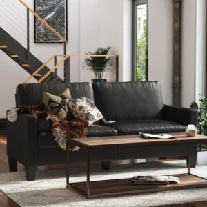 Riga Faux Leather 2 Seater Sofa With Wood Legs In Black