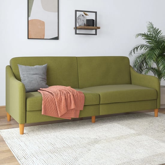 Jamaica Linen Fabric Sofa Bed With Wooden Legs In Green