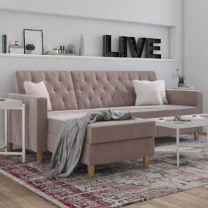 Lahaina Velvet Sofa Bed With Oak Legs In Pink