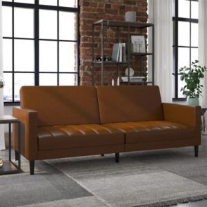 Leeds Faux Leather Sofa Bed With Black Legs In Camel